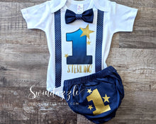 Load image into Gallery viewer, Twinkle twinkle first birthday boy outfit - items sold separately - galaxy - little star first birthday boy outfit - star suspender