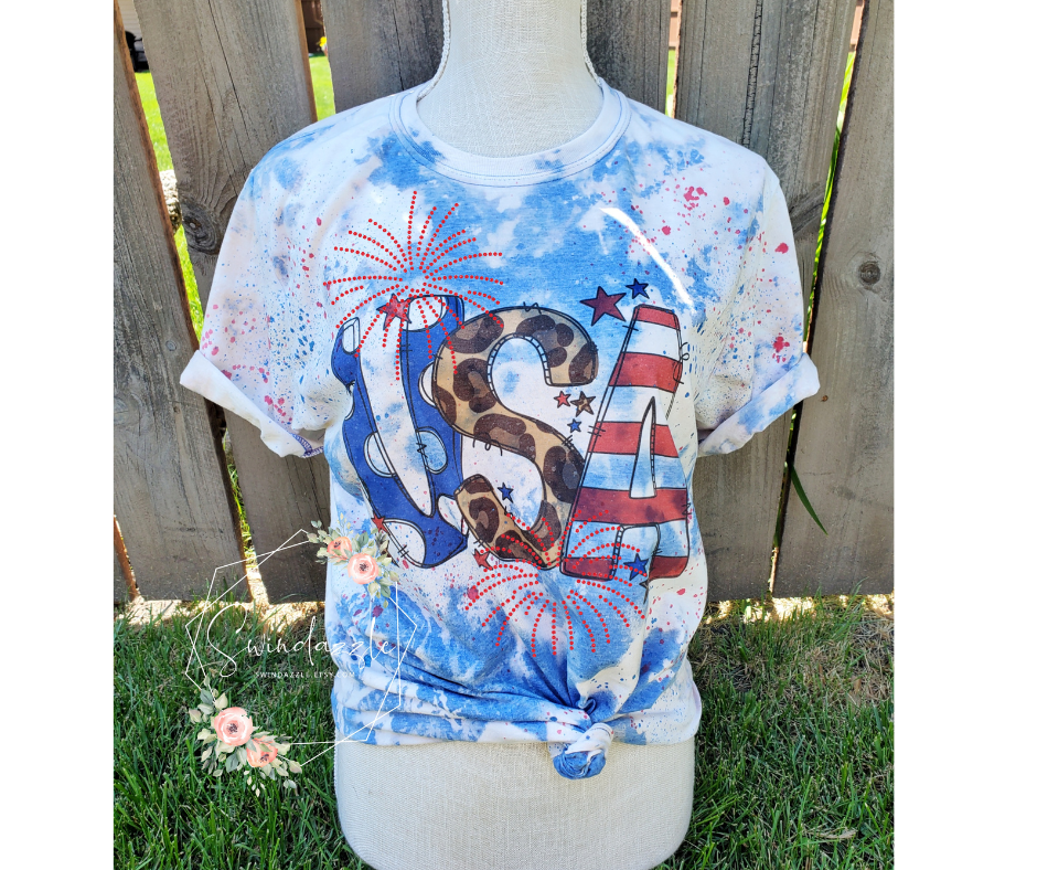 Rhinestone USA bleach - 4th of July - bleach and paint splatter shirt