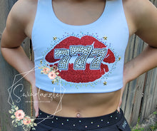 Load image into Gallery viewer, 777 Kiss Rhinestone Practice White Sports bra
