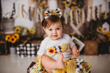 Load image into Gallery viewer, Sunflower and buffalo plaid fabric tutu outfit - first birthday girl
