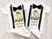 Load image into Gallery viewer, Short sleeve Crown Mr. ONEderful bodysuit - black and gold ONEderful theme - polka dot cursive
