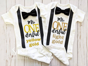 Short sleeve Crown Mr. ONEderful bodysuit - black and gold ONEderful theme - polka dot cursive