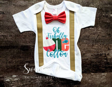 Load image into Gallery viewer, Ofishally One - ofishally one shirt- fishing birthday shirt - fishing birthday theme - ofishally one birthday outfit - khaki - Hunter green birthday boy suspenders
