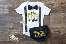 Load image into Gallery viewer, Short sleeve Crown Mr. ONEderful bodysuit - black and gold ONEderful theme - polka dot cursive
