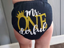 Load image into Gallery viewer, Mr. ONEderful diaper cover - black and gold bloomer - crown onederful birthday boy
