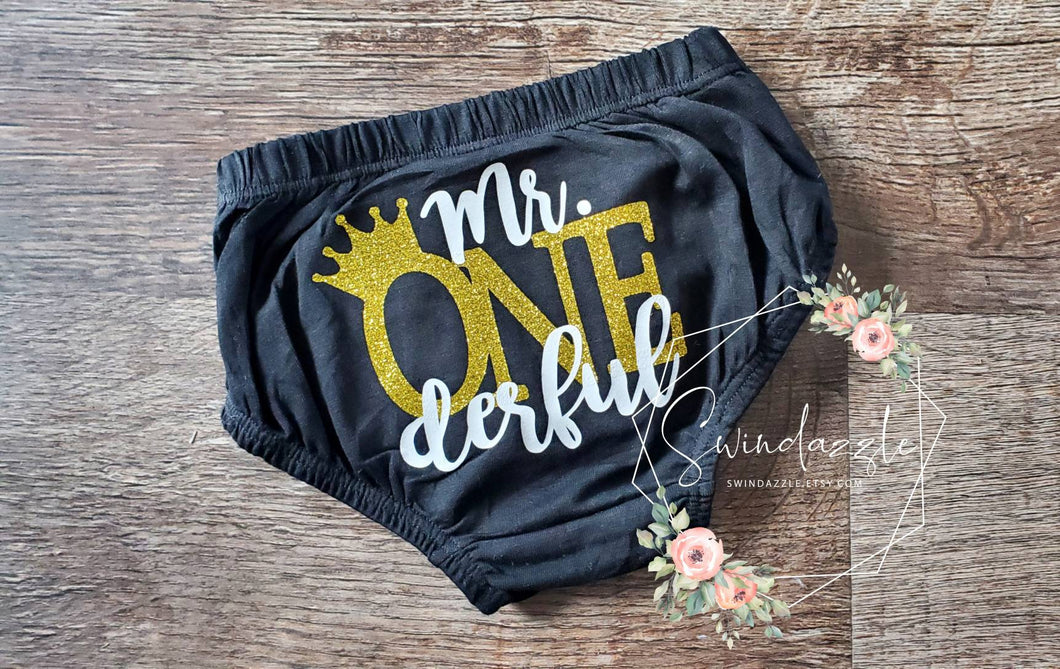 Mr. ONEderful diaper cover - black and gold bloomer - crown onederful birthday boy