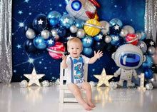 Load image into Gallery viewer, Space first birthday boy outfit - navy - out of space first birthday - astronaut first birthday boy outfit - space ship suspender bodysuit
