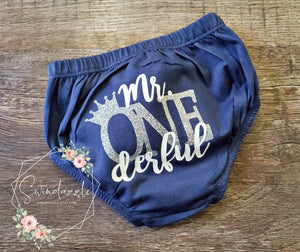 Mr. ONEderful diaper cover - NAVY and silver bloomer - crown onederful birthday boy